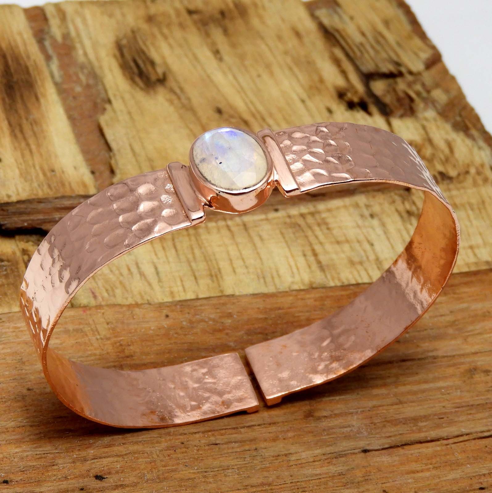 Hammered Copper Moonstone Bangle: Adjustable Women's Bracelet