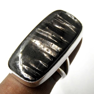 Peut inclure: Une bague en argent avec une pierre précieuse noire et argentée. La pierre précieuse présente un motif strié.