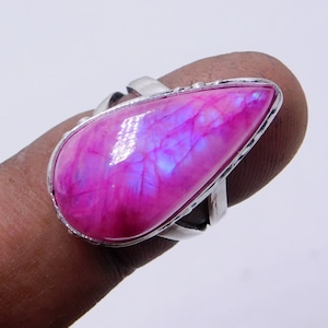Rainbow Moonstone Sterling Silver Ring ,Silver Rainbow Moonstone Teardrop Ring, Natural, Pink Moonstone Statement Ring