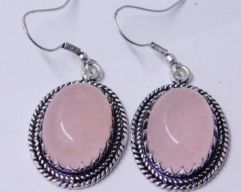 Pink Rose Quartz Earrings | Silver Natural Rose Quartz Earrings | May Birthstone  sterling Silver Rose Quartz Earrings