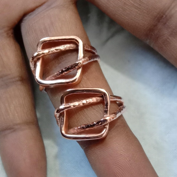 Hammered Copper Square Ring, Chunky Boho Statement Band