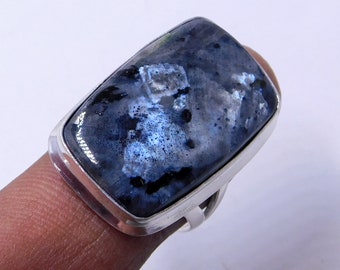 Larvikite Sterling Silver Statement Ring: Black Moonstone Boho Ring