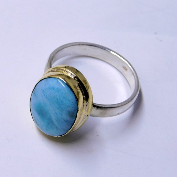 Larimar Stone Ring In Sterling Silver 925, Handmade Jewelry Two Tone Ring