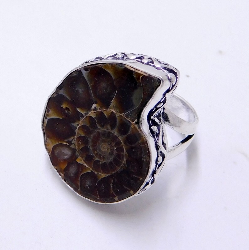 May include: A silver ring with a brown ammonite fossil set in the center. The ring has a detailed, textured band.