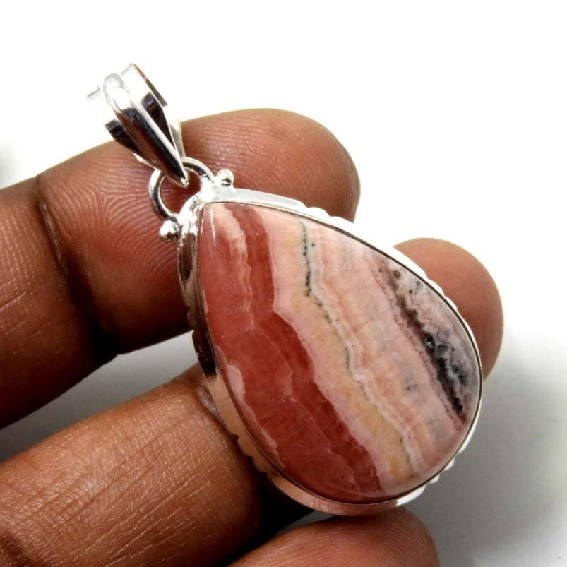 Natural Rhodochrosite Sterling Silver Pendant: Gemstone Jewelry