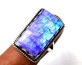 Rectangle Rainbow Moonstone Ring: Sterling Silver Stacking Band