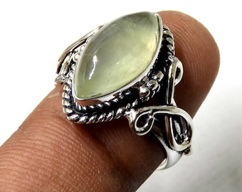Prehnite Marquise Ring: Natural Green Gemstone, Sterling Silver