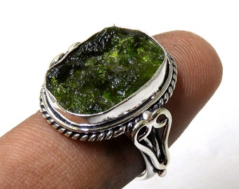 Rough  Moldavite Sterling Silver Ring, Outer Space Rock, Stackable Crystal Ring, Moldavite Chakra Ring, Meteor, Healing Energy, Gift for Her