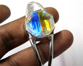 Mystic Topaz Sterling Silver Bangle: Adjustable Rainbow Cuff Bracelet