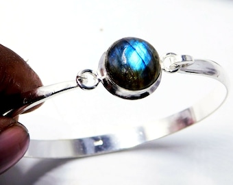 Labradorite Sterling Silver Bangle: Natural Stone Cuff Bracelet