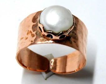 Handmade Copper Pearl Ring: Textured Band Ring