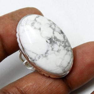 Howlite Ring, Sterling Silver Ring, White Howlite Cushion Ring, Statement Ring, White Stone Ring, Gemstone Silver Ring