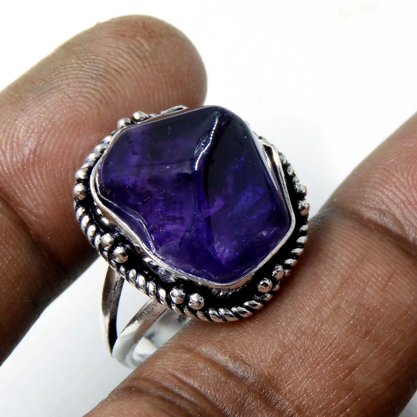 天然アメジストリング：スターリングシルバー天然クリスタルストーン