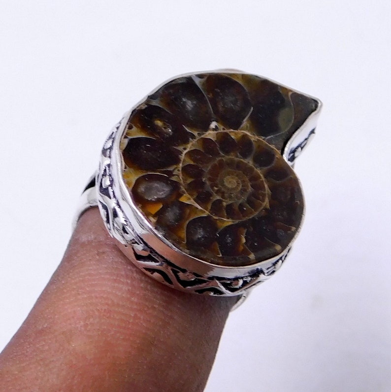 May include: A silver ring with a large, brown ammonite fossil set in the center. The ring has an intricate, ornate design around the fossil.