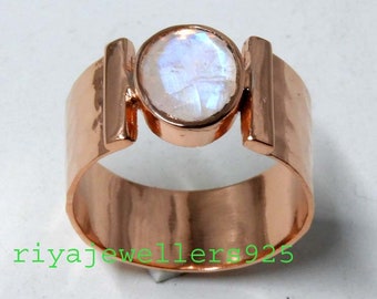 Hammered Copper Ring ,Rainbow moonstone ring, Solid Copper jewelry,natural flash moonstone,Statement Rings, anniversary gift, boho ring