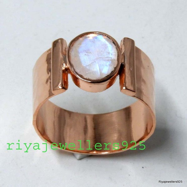 Hammered Copper Ring: Natural Moonstone Boho Statement Ring