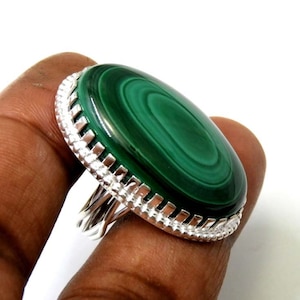 Natural Malachite Ring: Oval Gemstone, 925 Sterling Silver