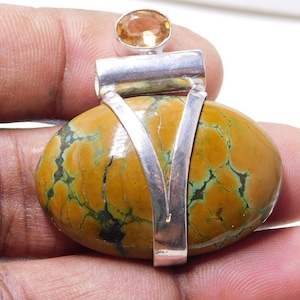 Natural Turquoise Sterling Silver Pendant, Tibetan Turquoise, Citrine Quartz Pendant 14 Gm