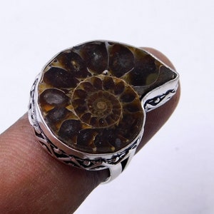 May include: A silver ring with a brown ammonite fossil set in the center. The ring has a detailed, ornate design around the fossil.