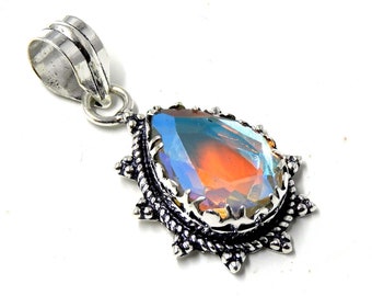 Rainbow Mystic Topaz Pendant , Sterling Silver Mystic Topaz Necklace, 40x20 mm Mercury Mystic Topaz Jewelry Gift For Her