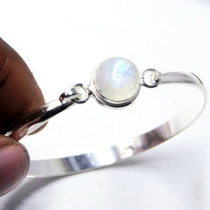 Rainbow Moonstone Sterling Silver Bangle Bracelet: Natural Gemstone Cuff