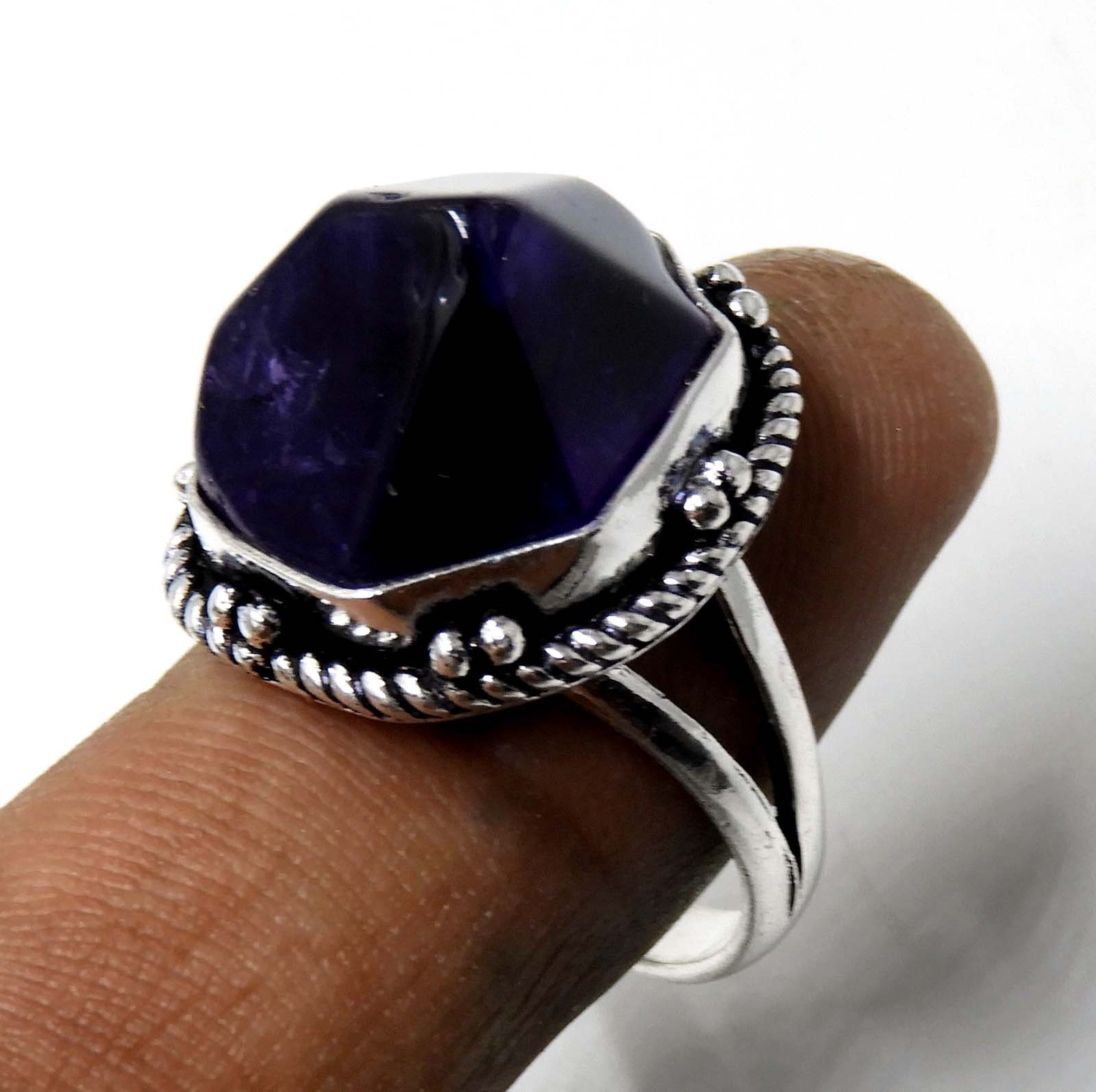 天然アメジストリング：スターリングシルバー天然クリスタルストーン