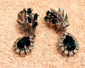 Sterling Silver Teardrop Clip On Earrings: Lab Emerald & Rhinestone
