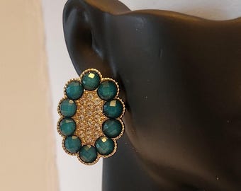 Teal Rhinestone Stud Earrings: Gold Tone, Diamond-Cut Center