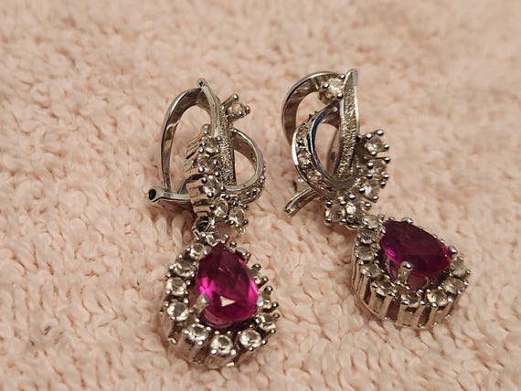 Sterling Silver Teardrop Clip On Earrings: Lab Ru… - image 5