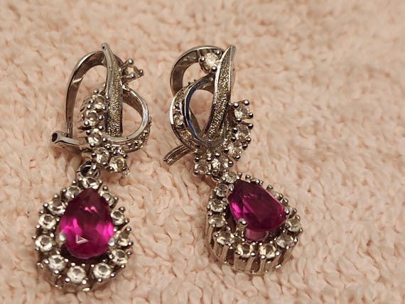 Sterling Silver Teardrop Clip On Earrings: Lab Ru… - image 4