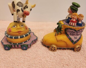 Enesco Mother Goose Trinket Boxes: Cow Jumped Over the Moon & Old Woman in Shoe