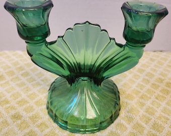 Jeanette glass swirl emerald green double candlesticks, set of 2