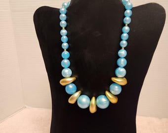 Beaded Necklace Moon Glow Blue and Gold Bead Necklace: Mid-Century