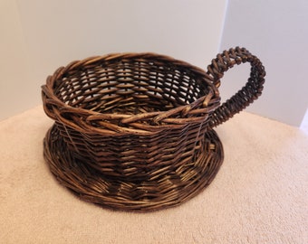 Teacup and saucer wicker basket planter, fruit basket, floral, centerpiece. Vintage basket, shaped baskets, wicker baskets, bread basket