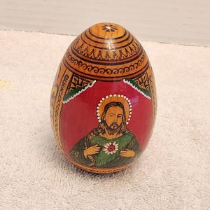 Hand painted Russian Orthodox Wooden Easter Egg with Religious Icon, Traditional Slavic Christian Art Collectible
