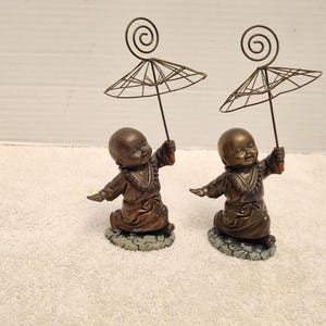 Vintage Bronze Laughing Monk Buddha Figurines: Zen Garden Decor