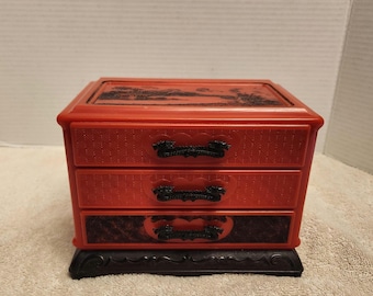 Jewelry box Chinese red celluoid dragon and pagoda design