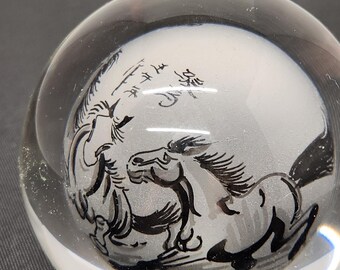 Handcrafted Asiatika Glass Paperweight with Asian inspired good luck horse design.