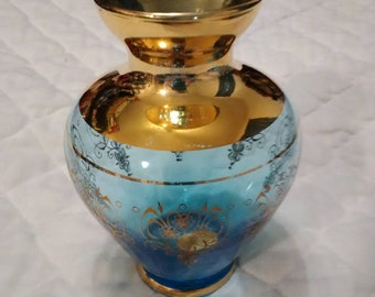 Murano Blue Glass Vase: Hand Blown Gold Leaf Embossed