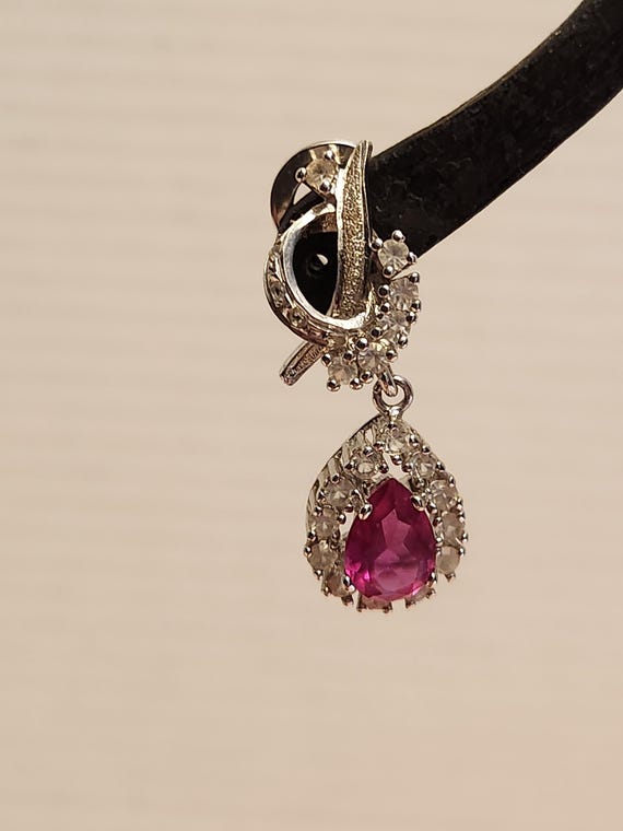 Sterling Silver Teardrop Clip On Earrings: Lab Ru… - image 2