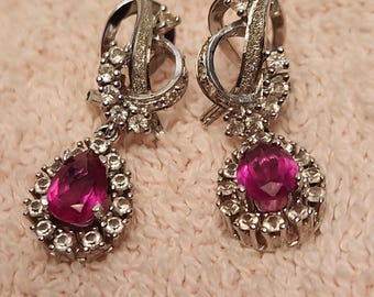 Sterling Silver Teardrop Clip On Earrings: Lab Ruby & Rhinestone