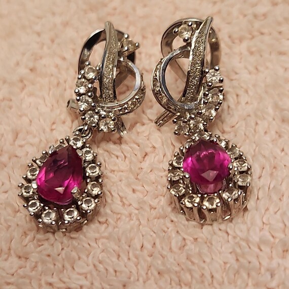 Sterling Silver Teardrop Clip On Earrings: Lab Ru… - image 1