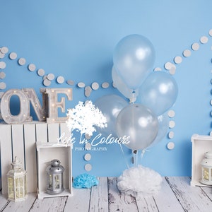 Photography Digital Backdrop Background for Cake Smash, boy sessions, blue,silver, white, balloons , first birthday