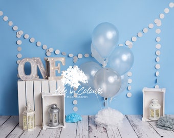 Photography Digital Backdrop Background for Cake Smash, boy sessions, blue,silver, white, balloons , first birthday