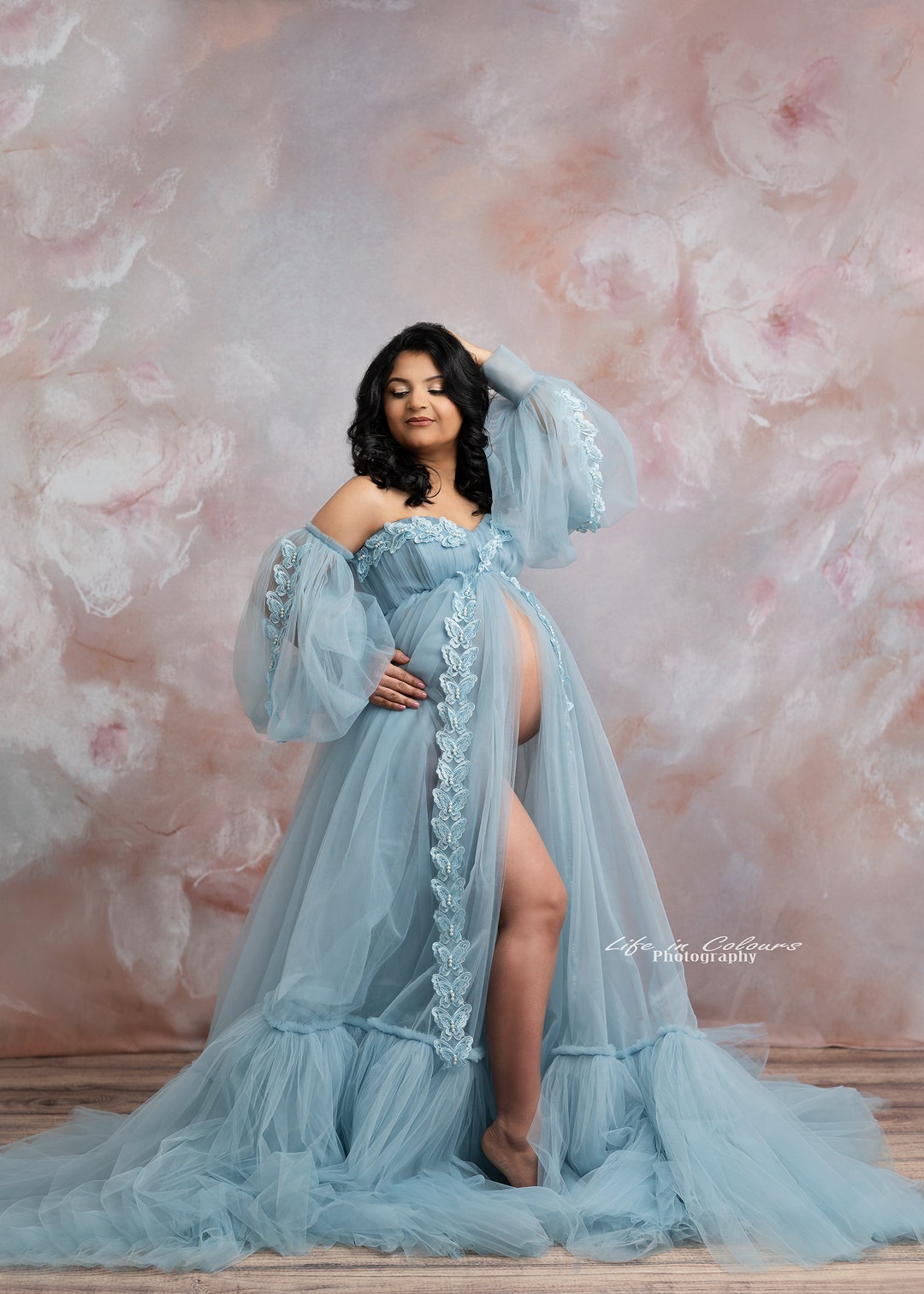 blue raw silk dress Momyknows Blue Bandeau Strapless Ruffle Falbala Draped Big Swing Elegant Maternity Baby Shower Maxi Dress Blue / S main image 0
