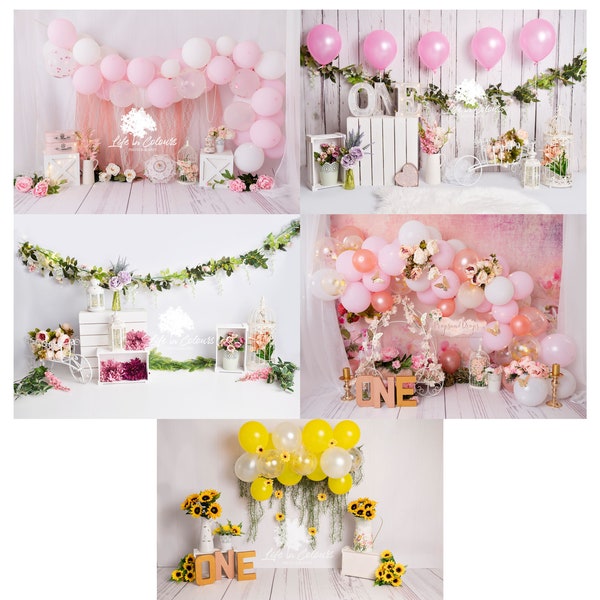 BUNDLE Girls 5 Photography Digital Backdrop Background Cake Smash First Birthday Balloons Girl Flowers One Princess