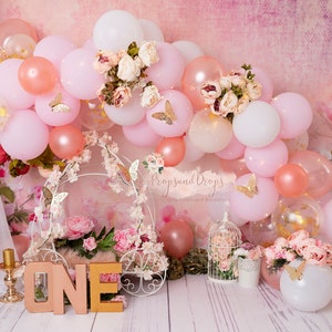 Photography Digital Backdrop Background Cake Smash First Birthdays Girl Flowers One Princess Theme Butterflies Gold Pink Carriage