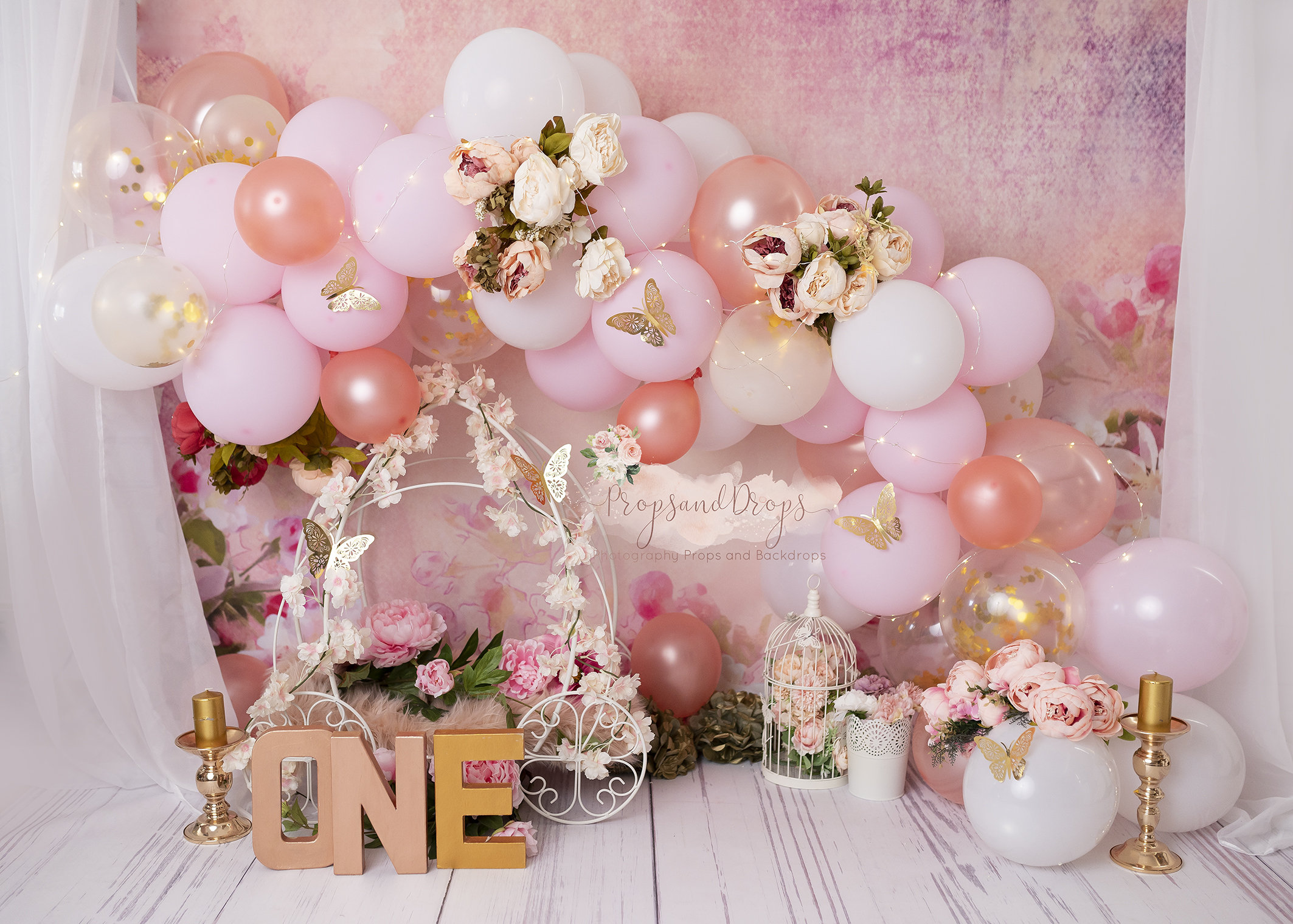 Photography Digital Backdrop Background Cake Smash First Birthdays Girl Flowers One Princess Theme Butterflies Gold Pink Carriage