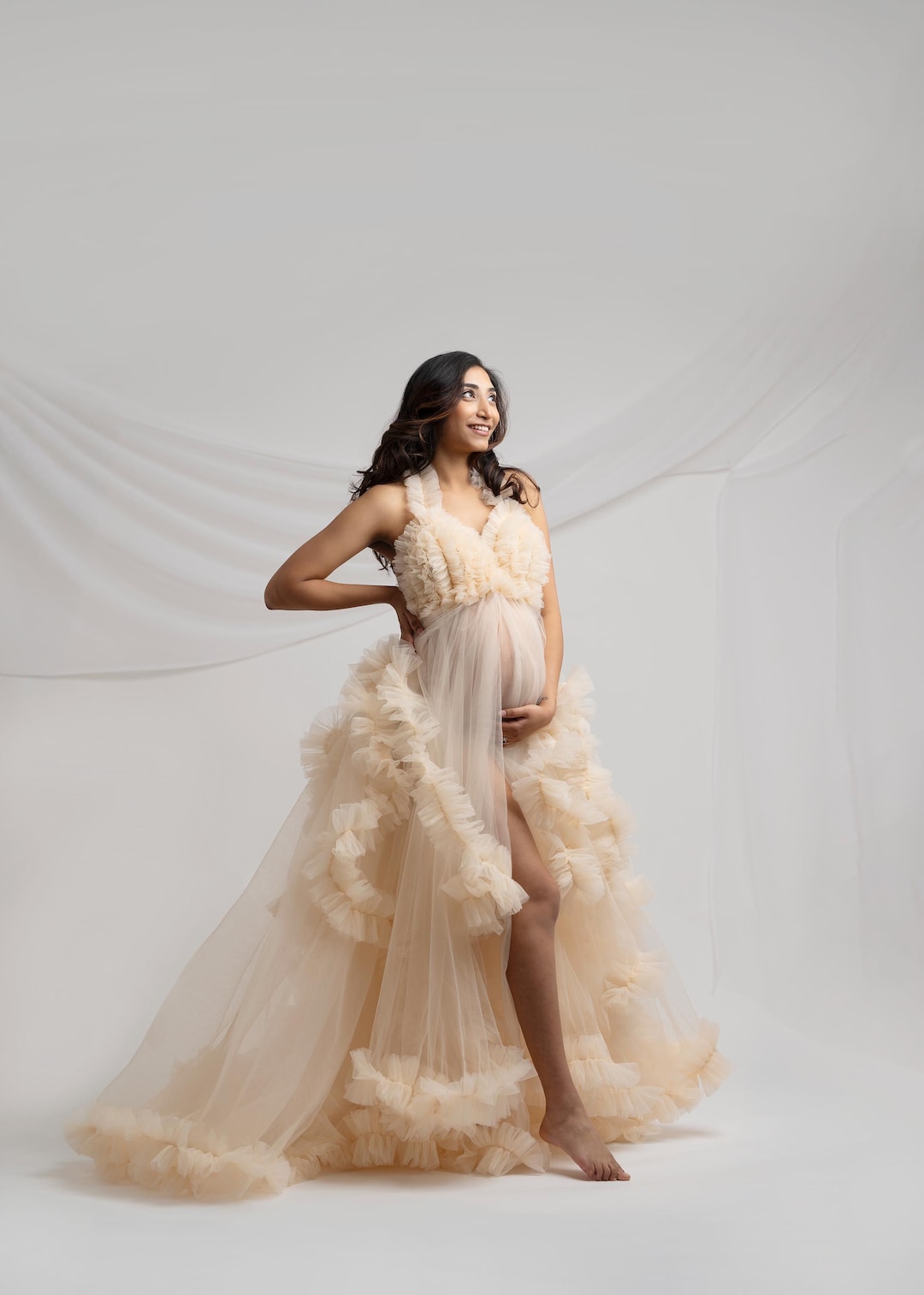 Buy For Hire Rental Maternity Photo Shoot Event Show Dress White Cream  Made of Tulle Long Trail One Size Fits Most UK Only MESSAGE FIRST Online in 