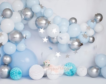 Photography Digital Backdrop Backgroung for Cake Smash, Birthday, Boy, Balloon Arch , Blue White and Silver Stars , One